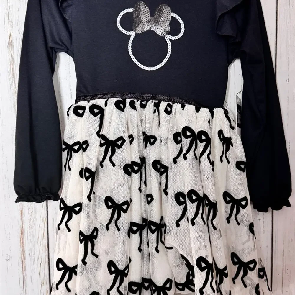Disney Minnie Mouse Long SLeeve  Black and White Bow Dress Sz 6 NWT
